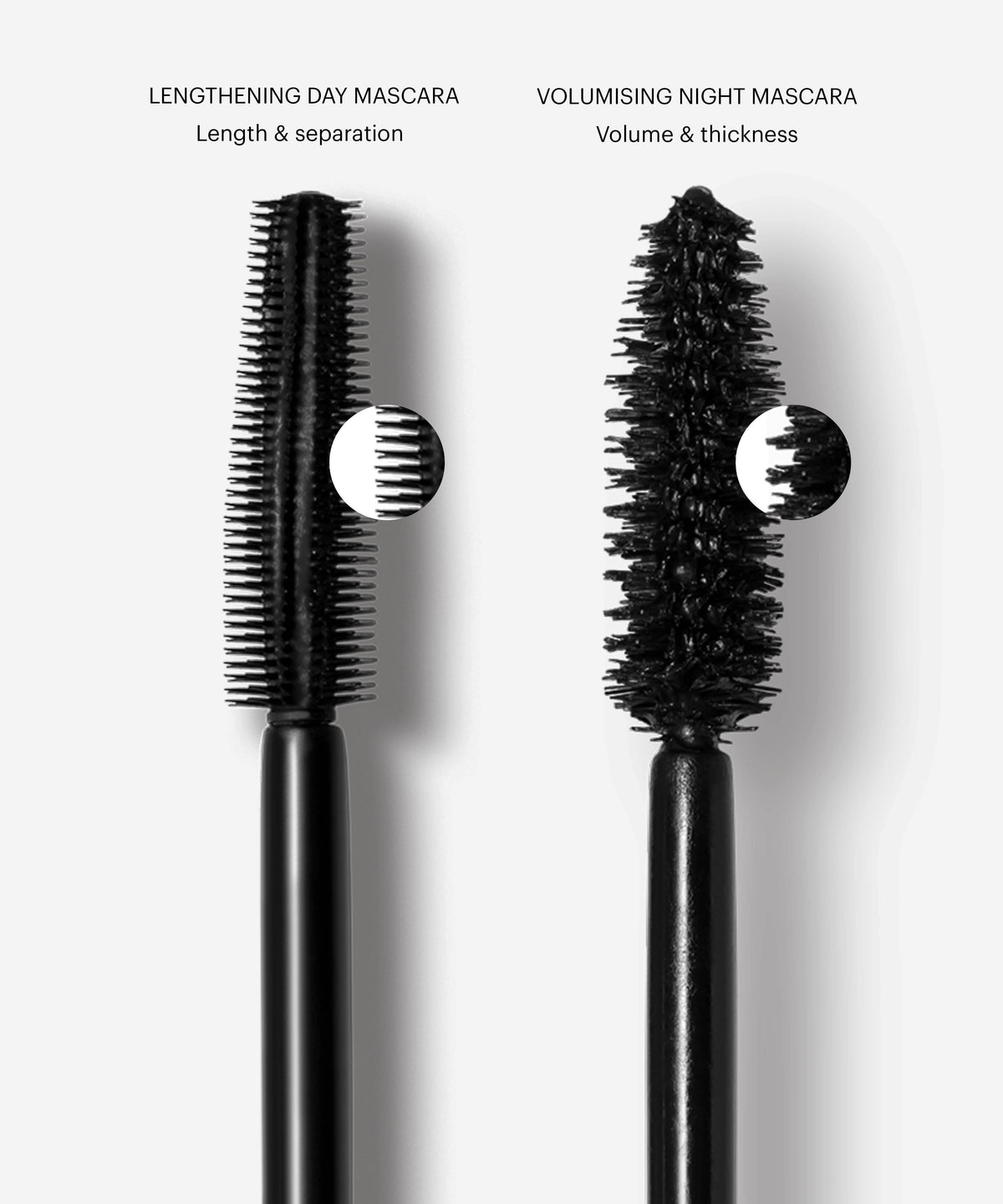 ;Vergleich der Bürsten unserer Lengthening Day Mascara und Volumising Night Mascara