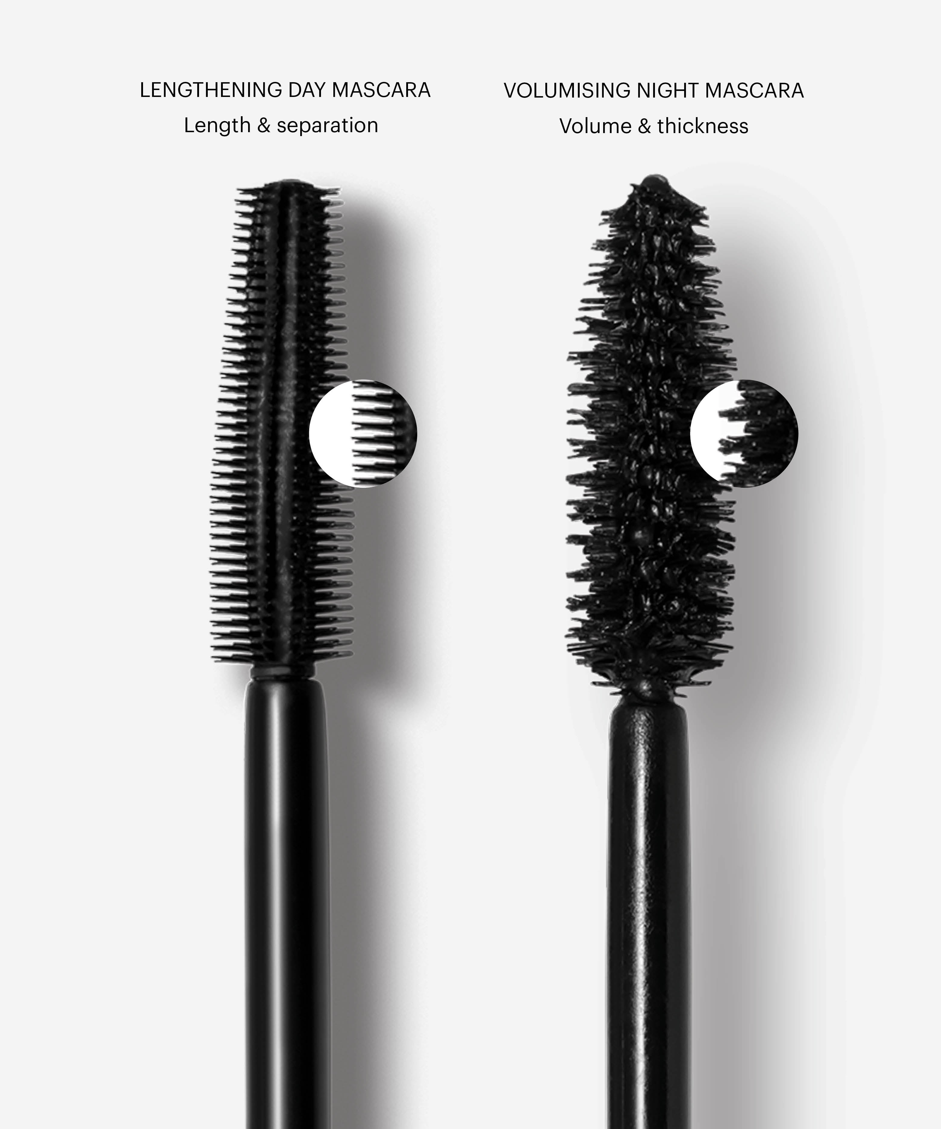 ;Vergleich der Bürsten unserer Lengthening Day Mascara und Volumising Night Mascara