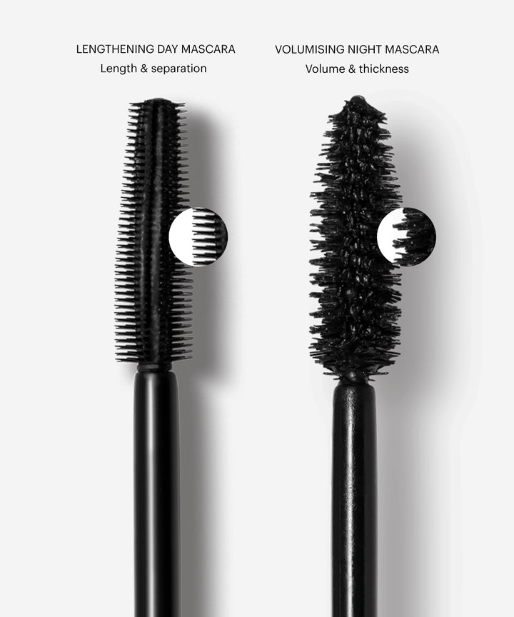 mascara; Black: Vergleich der Bürsten unserer Lengthening Day Mascara und Volumising Night Mascara