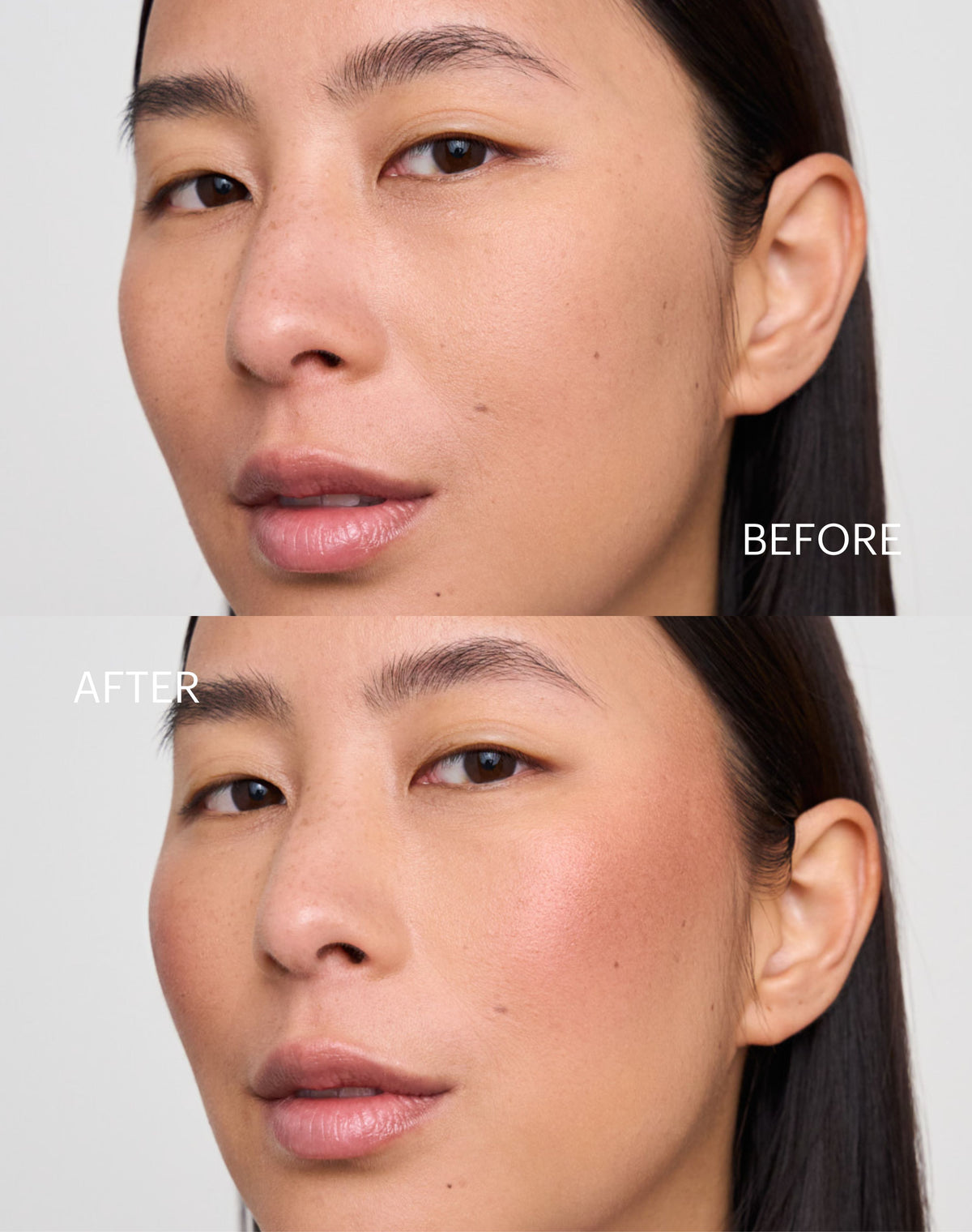 mono-stick; bronzy glow blush: Before - After des Glowy Blushes in Bronzy Glow